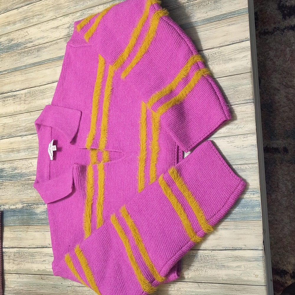 Butter Melon Crop Sweater  Neon Pink Yellow Striped Long Sleeve